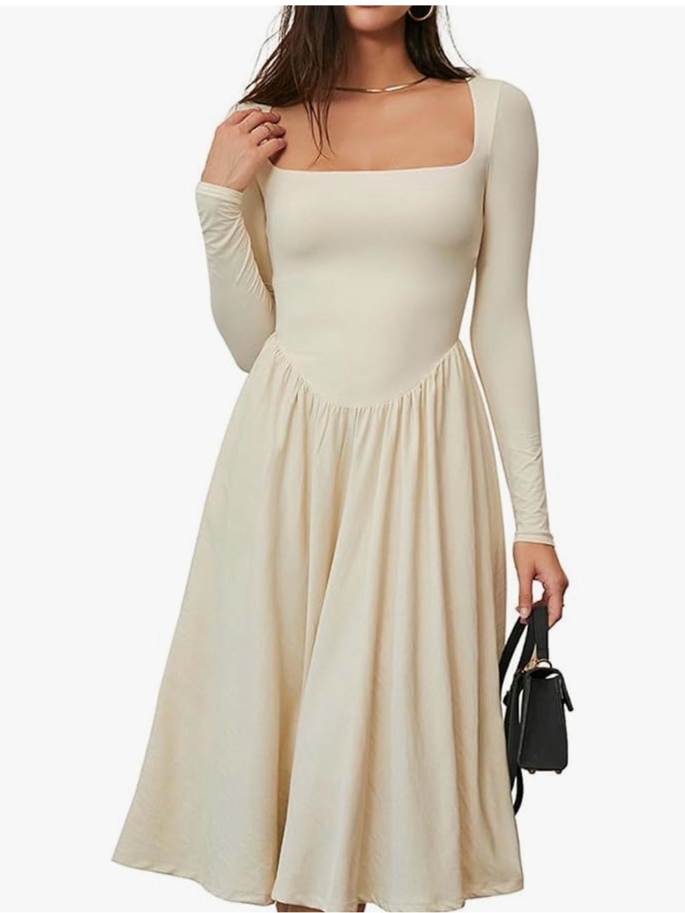 CHYRII Women's Beige Square Neck Long Sleeve Casual A-Line Midi Dress - Large